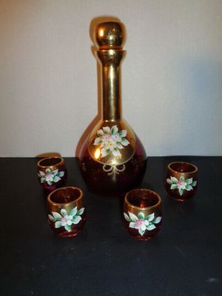 Vintage Ruby Red Bohemian Hand Painted Floral W/ Gold Accents Demitasse Decanter