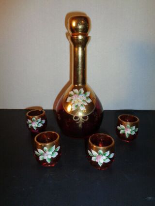 Vintage Ruby Red Bohemian Hand Painted Floral W/ Gold Accents Demitasse Decanter 2