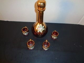 Vintage Ruby Red Bohemian Hand Painted Floral W/ Gold Accents Demitasse Decanter 3