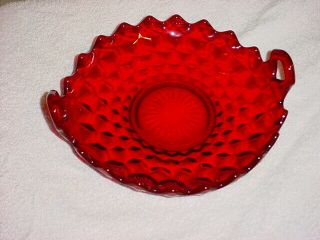 Fostoria American Ruby Red Glass Handled Bowl Handles Vintage Cubed Dish Serving