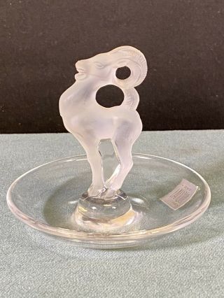 Lalique French Crystal Signed Art Deco Frosted Ram Ring Trinket Earring Dish