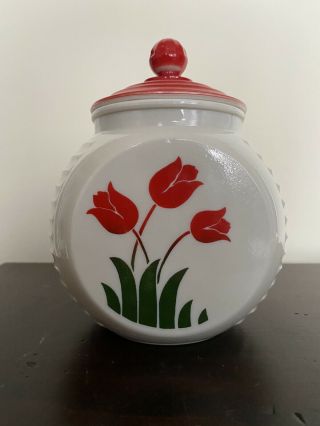 Vintage Anchor Hocking Vitrock Red Tulip Grease Jar With Lid