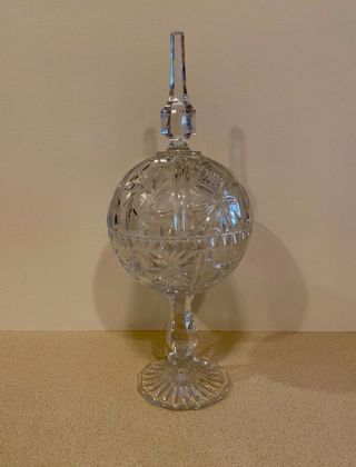 Vintage 15” Tall Globe Shape Footed Crystal Candy Dish With Lid