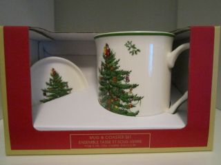 Spode Christmas Tree Mug & Coaster Set 12 Oz.  Coffee Cup Tea Beverage Gift /nib