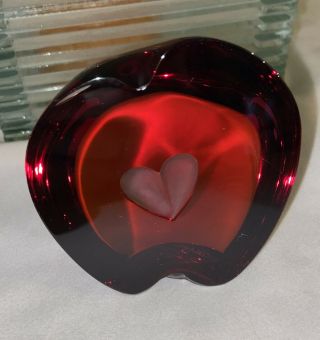 Vintage Cristalleries De Lorraine Red Heart Apple Shape Glass Paperweight France