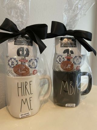 Rae Dunn “hire Me” And “mba” Mug Set In Black And White.