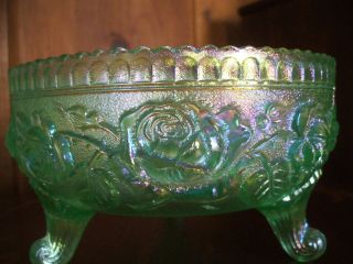 Imperial Glass Carnival Lustre Open Rose Green 3 Footed Bowl