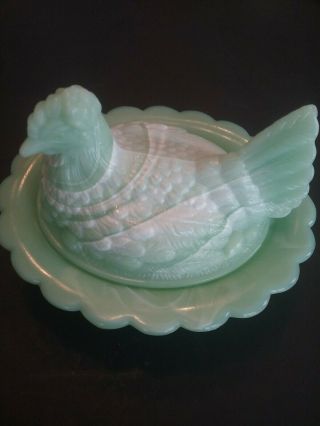 Moser Glass Hen On Nest With Split Tail.  Marbled Jade Green And White