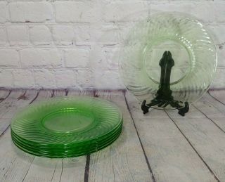 Set Of 6 Vintage Green Swirl Depression Glass Plates 8 1/4 "