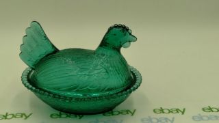 Vintage Indiana Glass Green 7 " Chicken Hen On Nest Covered Bowl Lid Candy Dish