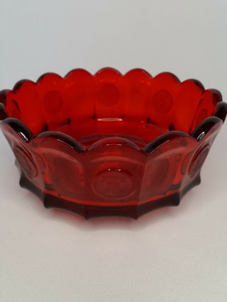 Vintage Fostoria Frosted Coin Pattern Glass Round Ruby Red Scalloped Bowl