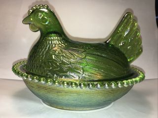 Vintage Indiana Iridescent Rare Lime Green Carnival Glass 7” Hen Chicken On Nest