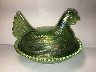 Vintage Indiana Iridescent Rare Lime Green Carnival Glass 7” Hen Chicken On Nest 2