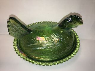 Vintage Indiana Iridescent Rare Lime Green Carnival Glass 7” Hen Chicken On Nest 3