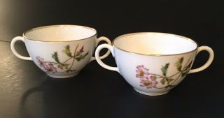 2 Gda Limoges Porcelain Cream Soup Bowls Cups 2 Handled White Pink Floral France
