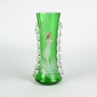 Victorian Mary Gregory Green Glass Vase With Clear Frill Edging