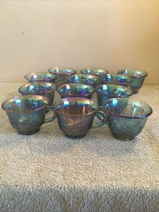 12 Vintage Indiana Glass Blue Harvest Grape Carnival Glass Punch Bowl Cups