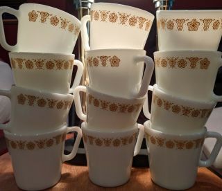 12 Set Pyrex 1410 Butterfly Gold Coffee Tea Cup Mug Corning Milk Glass D Handle