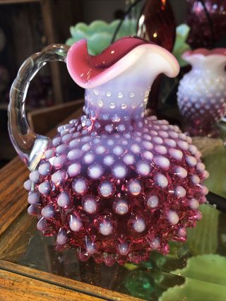 Vintage Cranberry Glass Hobnail Opalescent Studded Pitcher W/ No Stopper