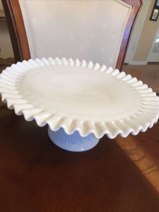 Vintage 12 1/2 " Fenton Milk Glass Ruffled Footed Pedestal Cake Plate Stand