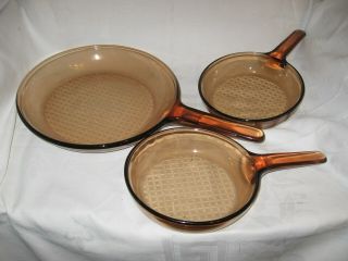 3 Piece Vintage Corning Pyrex Vision Ware Cookware.  Amber Glass Pots Fry Pans