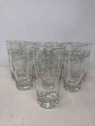 Set Of 8 Vintage Mid Century Modern Drinking Glasses Tumblers W/ Blue Flowers