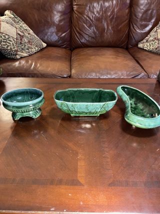 3 Vintage Brush (mccoy) 1 - 05 Kidney Shaped Pottery Plus 2 Planters/bowls Green