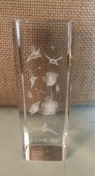 Paperweight Laser Etched Hummingbirds Flowers I Love You Lead Crystal Glass