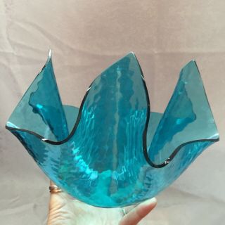 Vintage Retro Turquoise Blue Glass Large Handkerchief Vase Art Glass