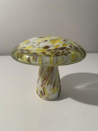 Vintage Mcm Murano Art Glass Paperweight Mushroom 4½” White Yellow Copper Metal