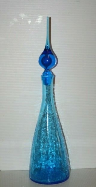 Deep Sky Blue Blown Crackle Art Glass Decanter With Stopper 18 " Tall Vintage