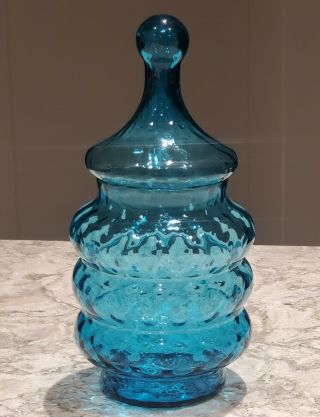 Vintage Mcm Art Glass Empoli Italy Blown Teal Apothecary Style Jar With Lid