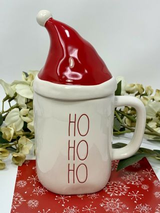 Rae Dunn Ho Ho Ho White Coffee Tea Mug Red Lettering Santa Hat Topper Christmas