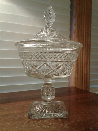 Vtg Imperial Glass Cape Cod Pattern Clear Footed Candy Dish With Lid 10 " Tall
