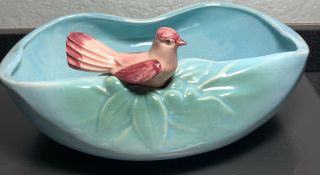 Vintage Turquoise Blue & Pink Mccoy Bird Bath Planter Oval Bowl