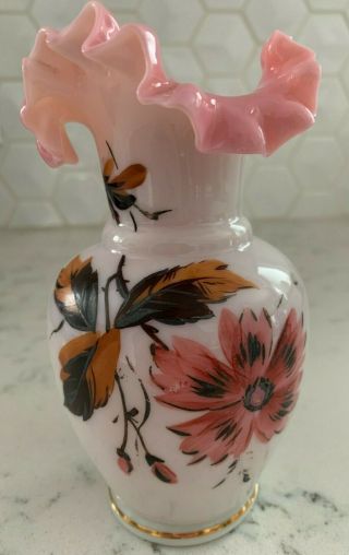 Fenton Vtg Art Glass Hand Ptd Flowers Cased White & Pink Crimped Ruffled Vase