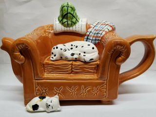 Seymour Mann Teapot Dalmatian Dog Sleeping On Sofa Cat On Floor Hand Painted