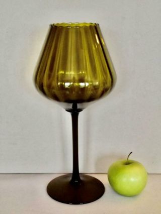Mid Century Italian 60s Empoli Olive Green Optic Glass Vase 14 " Tall Stem Compote