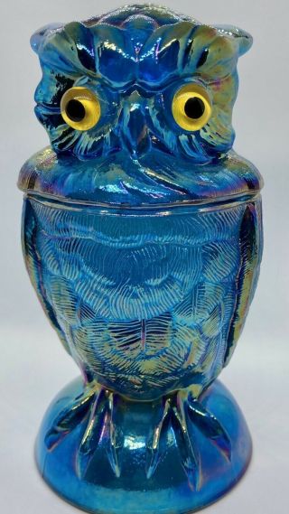 Imperial Blue Iridescent Carnival Glass Owl Candy Dish