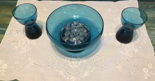 Vintage Mid Century Modern Blue Glass Flower Frog Candle Holders Morgantown 2