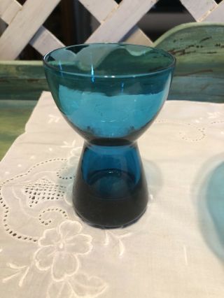 Vintage Mid Century Modern Blue Glass Flower Frog Candle Holders Morgantown 3