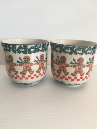 2 Tienshan Folk Craft Gingerbread Man Stoneware Cups Christmas Sponge Splatter