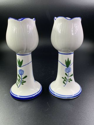 Delft Blue Hand Painted Windmill Tulip Shaped Candle Holder Set Of 2 - Holland