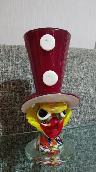 7 " Vintage Murano Italian Art Glass Clown Vase Candle Holder Red Top Hat Vgc