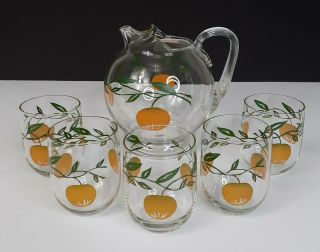 Vintage Fostoria Hand Painted Oranges Glass Juice Pitcher /5 Glasses Kitchen Set
