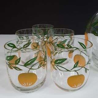 Vintage Fostoria Hand Painted Oranges Glass Juice Pitcher /5 Glasses Kitchen Set 2
