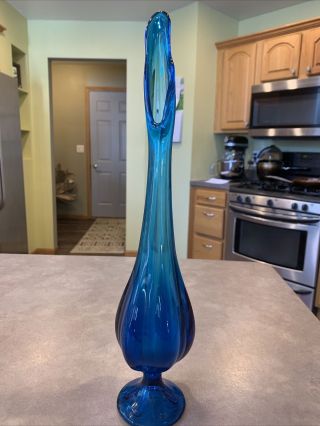 Vtg Viking Glass Blue Bluenique Epic Swung Bud Vase 6 Petal 16 "