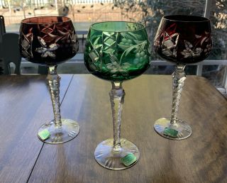 Vintage 3 Czech Bohemian Cut To Clear Red/green/purple Wine Goblets