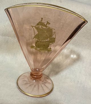 Vintage Art Deco Fenton Pink Optic Panel Fan Vase With Applied Gold Masted Ship
