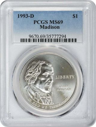 1993 - D Madison Bill Of Rights Silver Commemorative Dollar Ms69 Pcgs